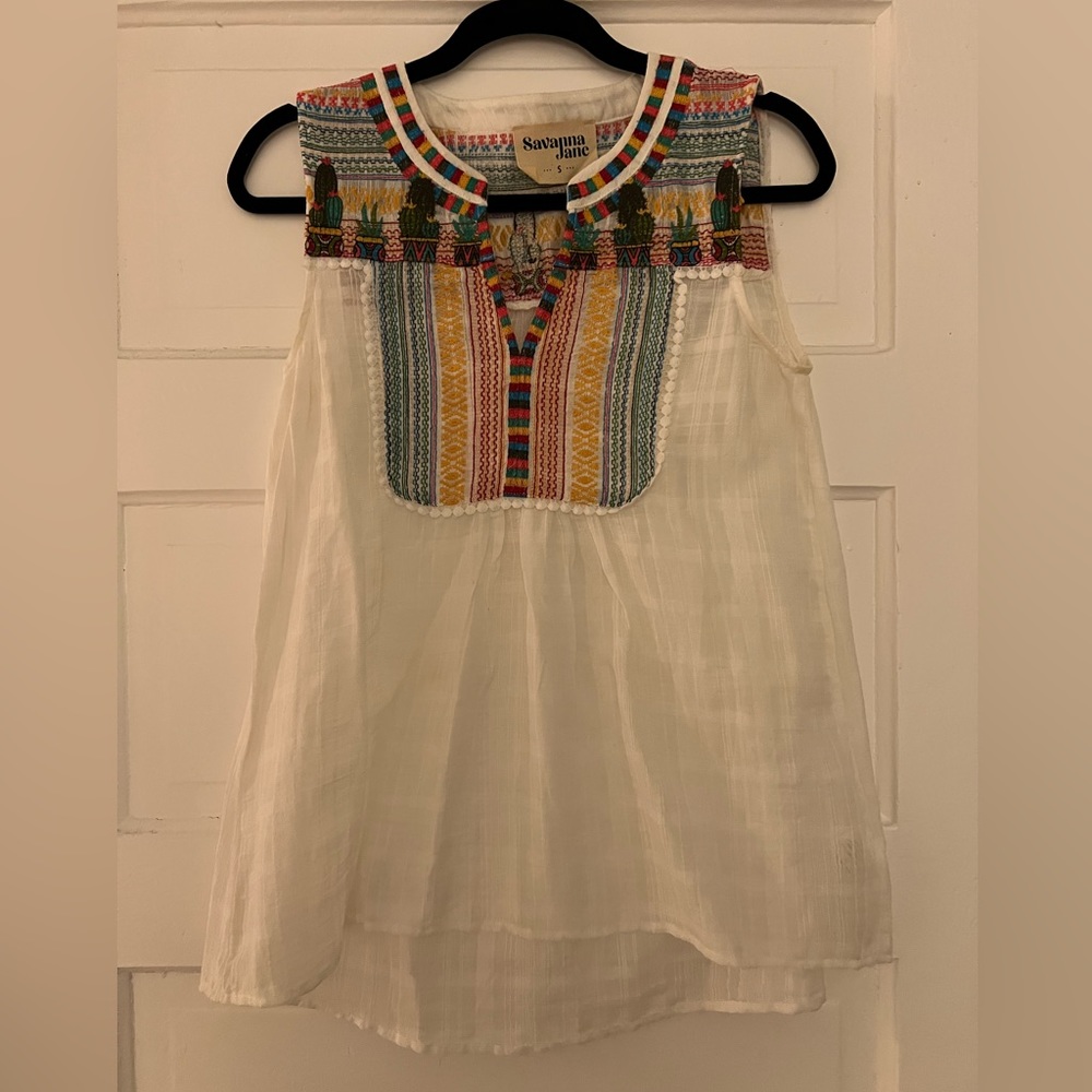 White Sleeveless Blouse with Embroidery